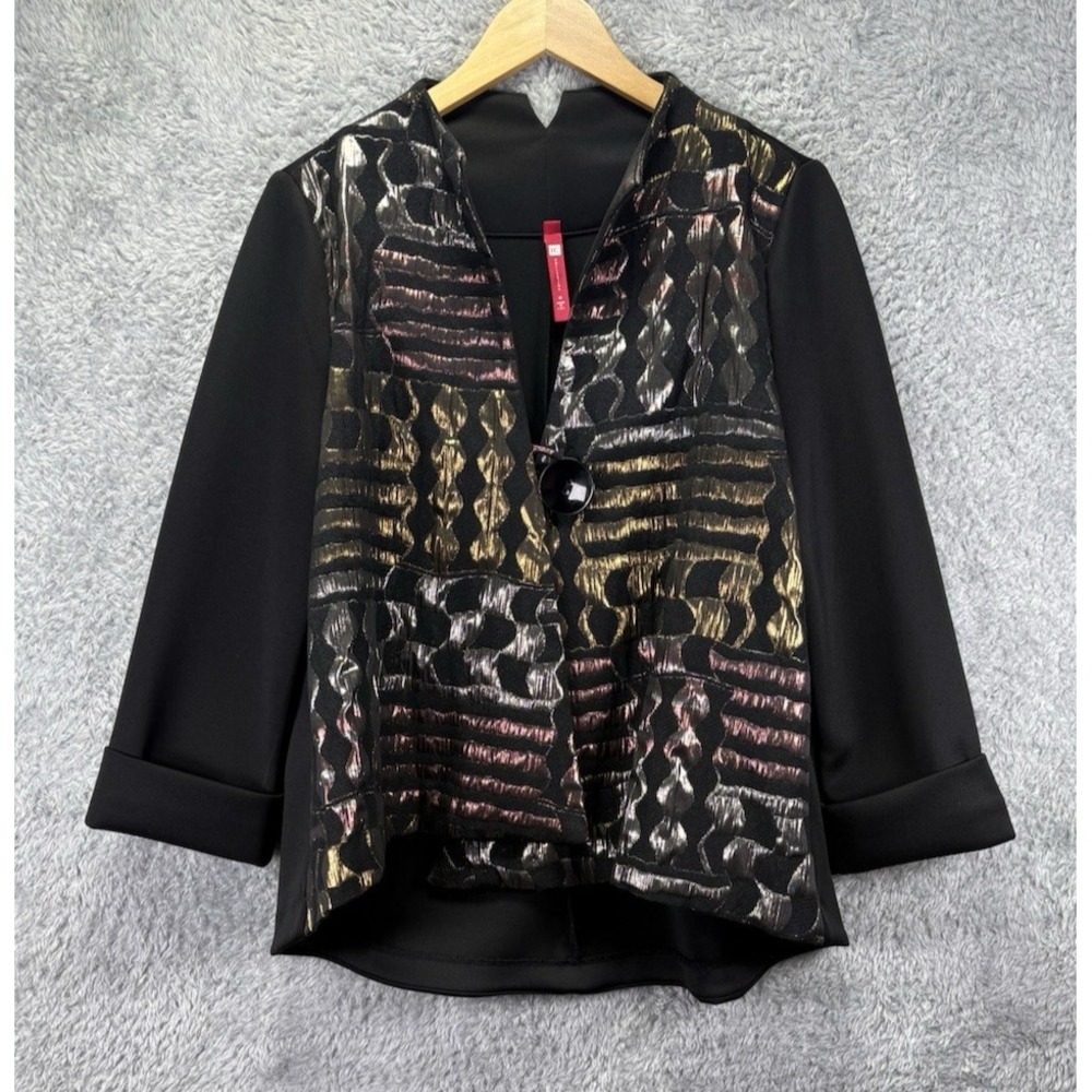 IC Collection Womens M Black Metallic Brocade Jacket Artsy Geometric Made USA